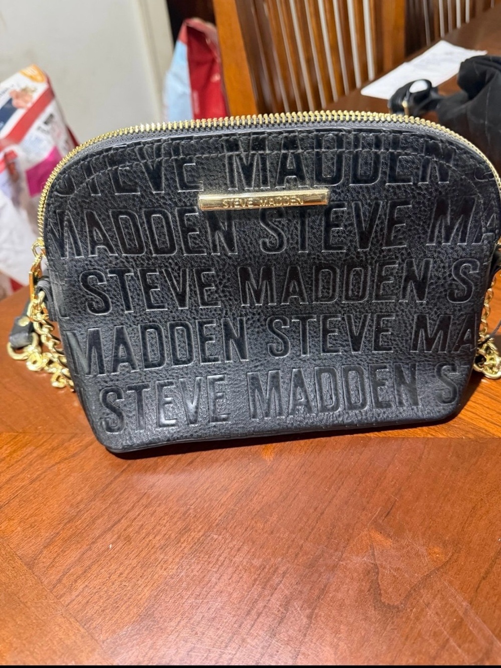 Steve Madden Black Embossed Logo Crossbody with Gold Hardware